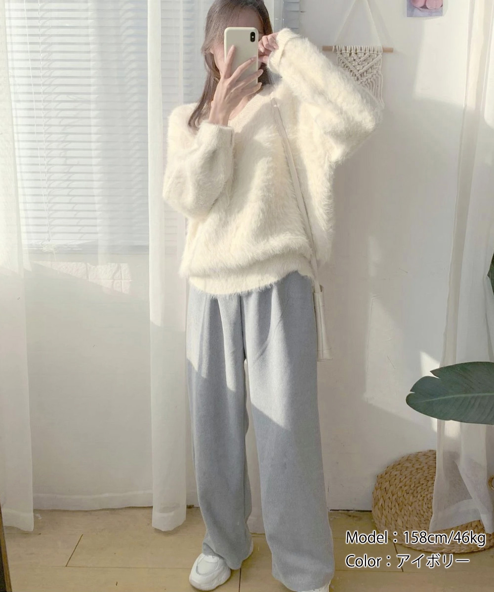 大人かわいい服 ふわふわシャギーニット長袖トップス秋冬