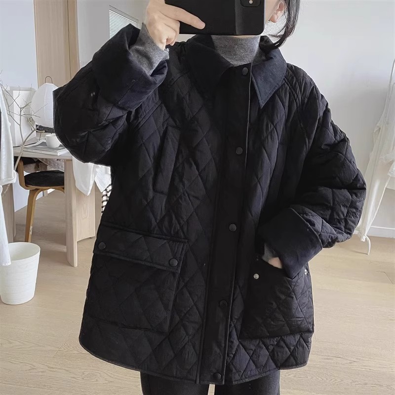 大人かわいい服 配色襟デザインキルティング中綿ジャケット