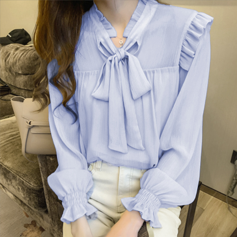 大人かわいい服 フリルリボン 春夏 シアートップス 長袖ブラウス