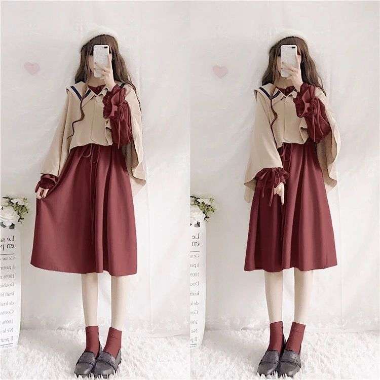 大人かわいい服 セーラー襟ケープ風ワンピース