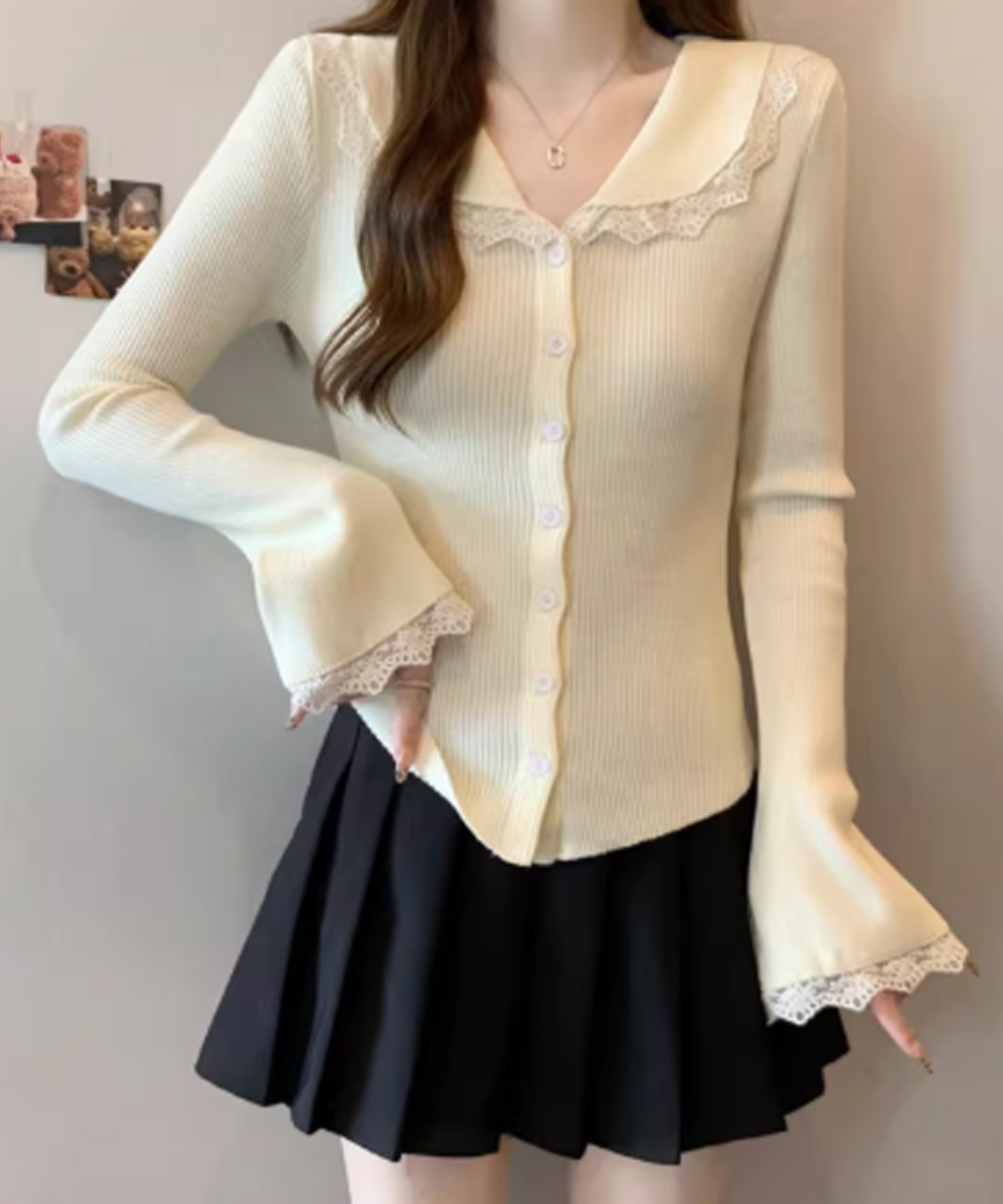 大人かわいい服 レース襟付き前開きリブニットカーディガン