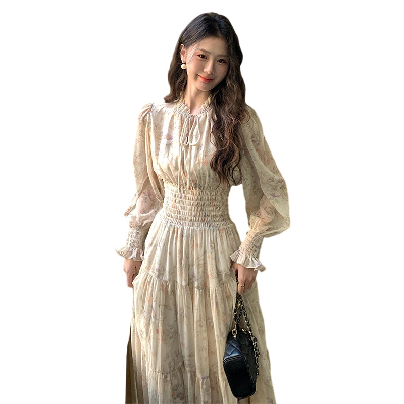 大人かわいい服 花柄シャーリングウエストロング丈ワンピース