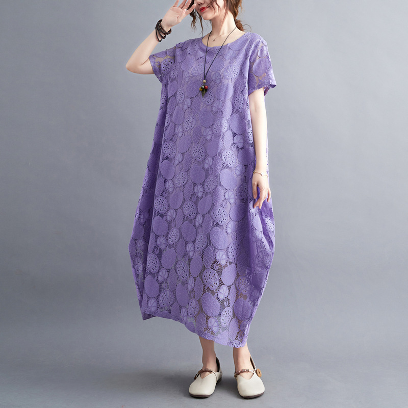 大人かわいい服 花模様レース透かしゆったりワンピース