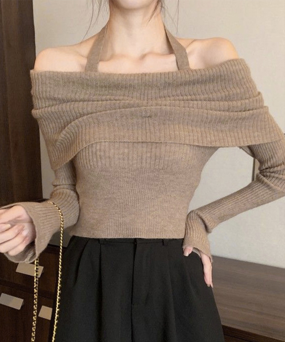 大人かわいい服 オフショルダー ホルターネック リブニットトップス