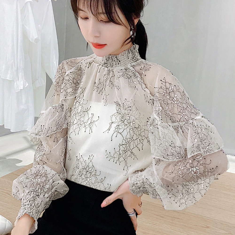 大人かわいい服 花柄シアーレース ハイネックトップス