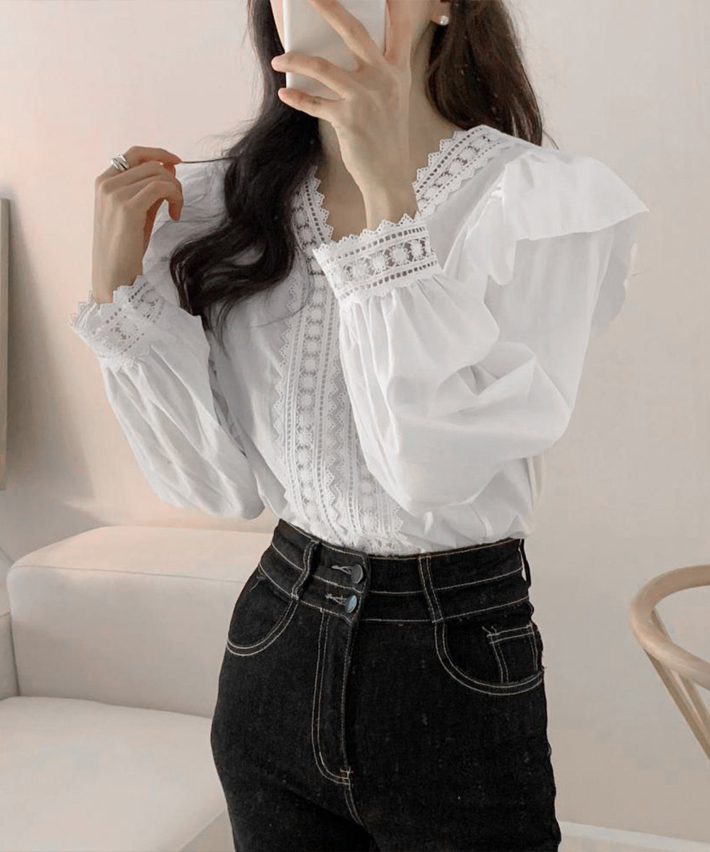大人かわいい服 レース切替 ふんわりフリルブラウス 上品トップス