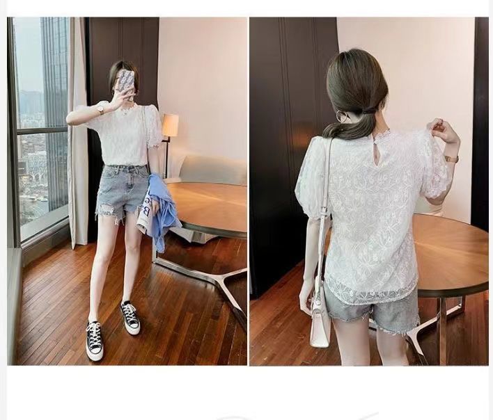 大人かわいい服 花柄レース立ち襟パフスリーブブラウス