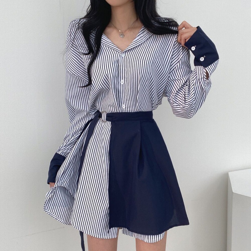 大人かわいい服 配色ストライプ柄シャツワンピース