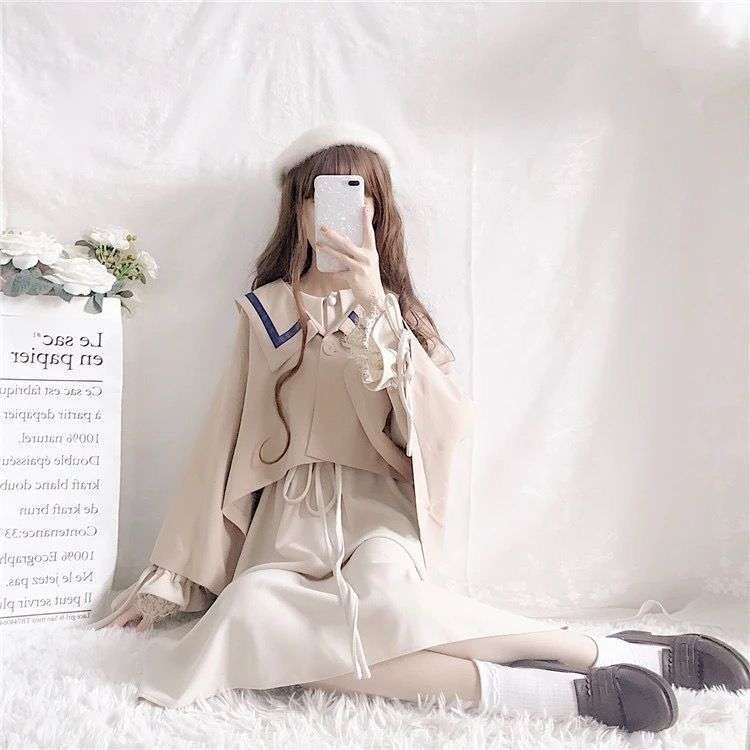 大人かわいい服 セーラー襟ケープ風ワンピース