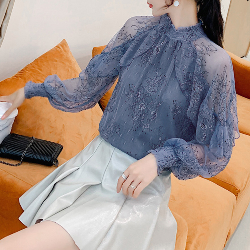 大人かわいい服 花柄シアーレース ハイネックトップス