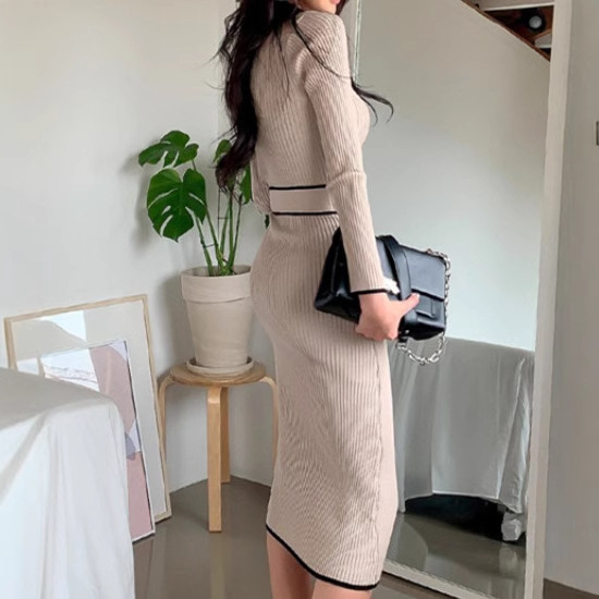 大人かわいい服 配色パイピングリボン付きリブニットワンピース