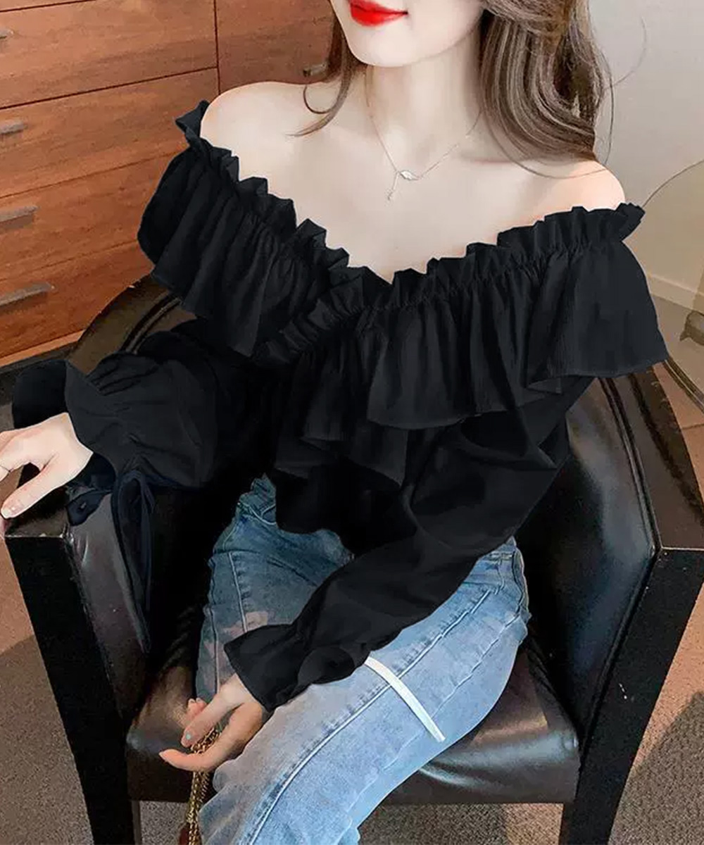 大人かわいい服 華やかフリル 二way長袖トップス オフショルブラウス