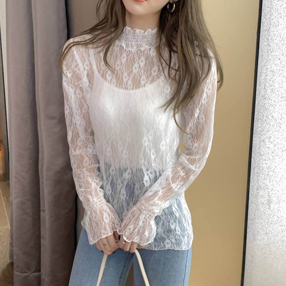 大人かわいい服 花柄レース シースルー トップス プチハイネック フリル