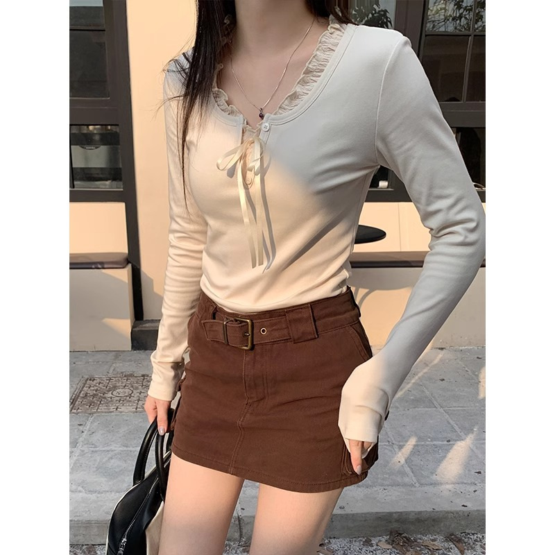 大人かわいい服 フリル襟リボン結び長袖カットソー