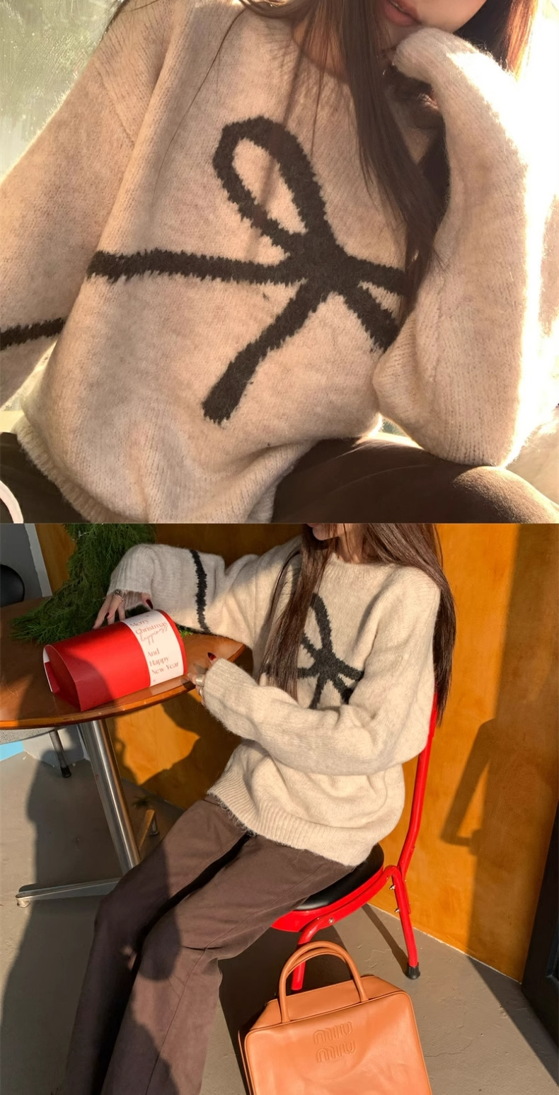 大人かわいい服 リボンデザインモヘア混ゆったりニットセーター