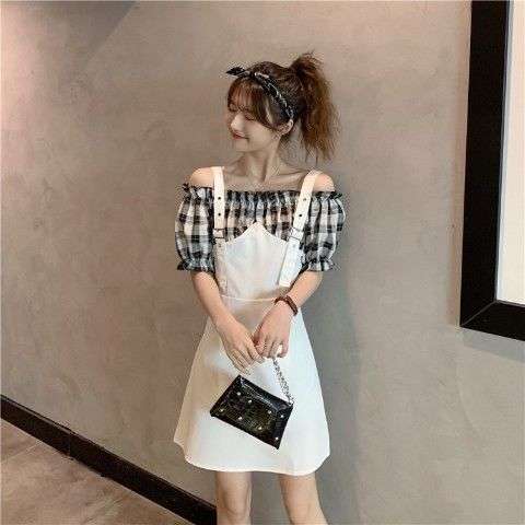 大人かわいい服 チェック柄フリルオフショルダーワンピース