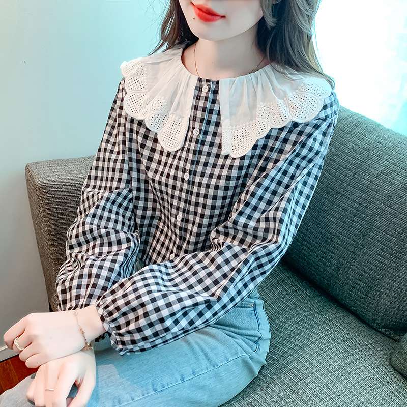 大人かわいい服 フリルカラー チェック柄シャツ
