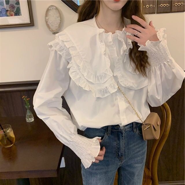 大人かわいい服 ビッグフリル襟シャーリング袖ブラウス