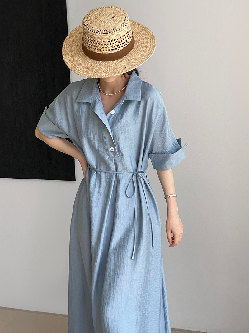 大人かわいい服 麻風合いシャツ襟ロングワンピース