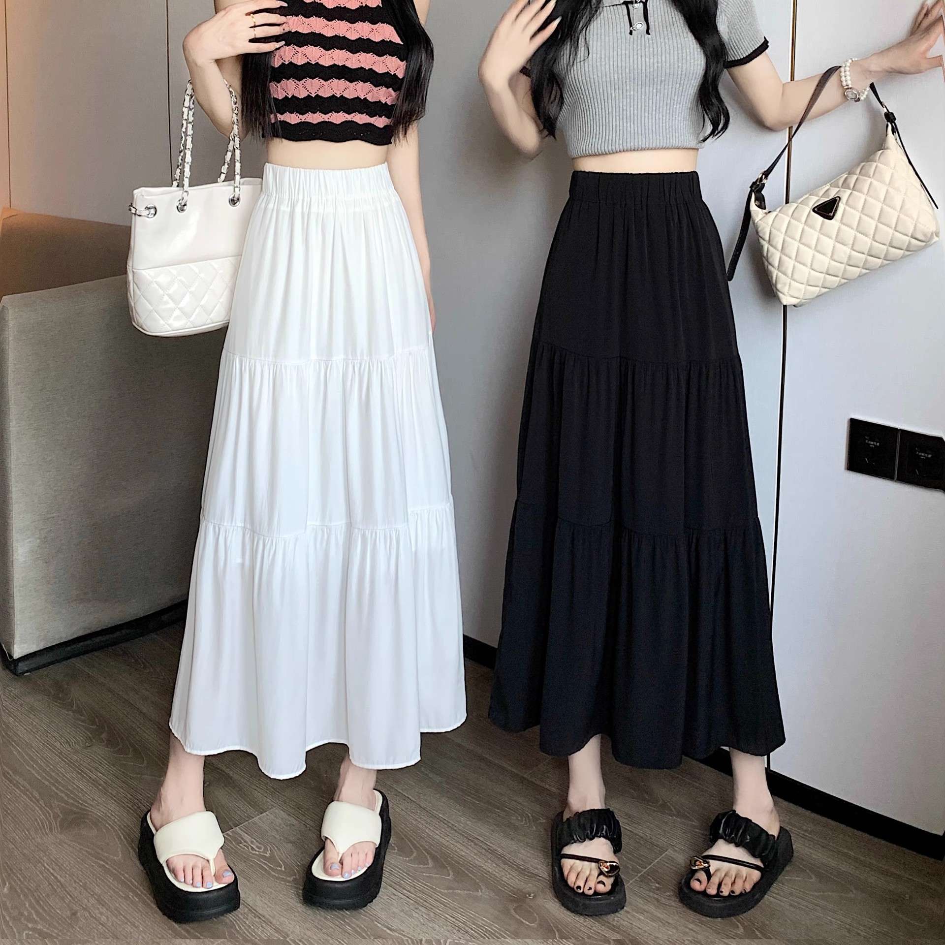 大人かわいい服 ティアードフレアマキシスカート
