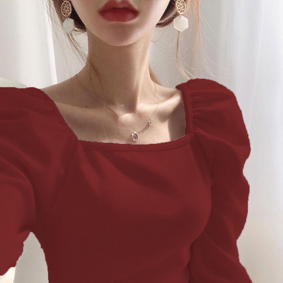 大人かわいい服 ボリュームパフスリーブスクエアネックニット