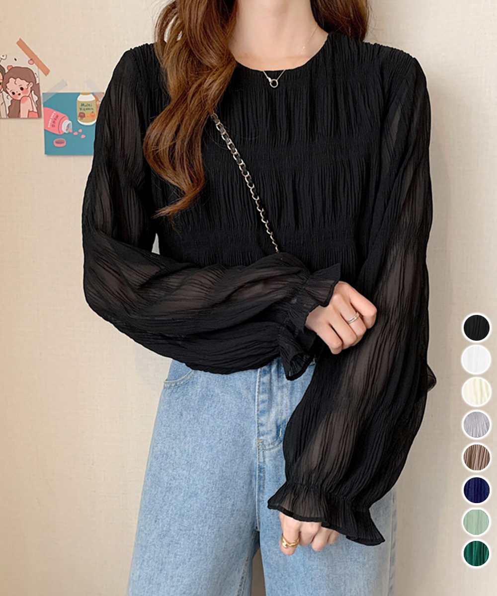 大人かわいい服 シアー素材シャーリングブラウス 上品トップス