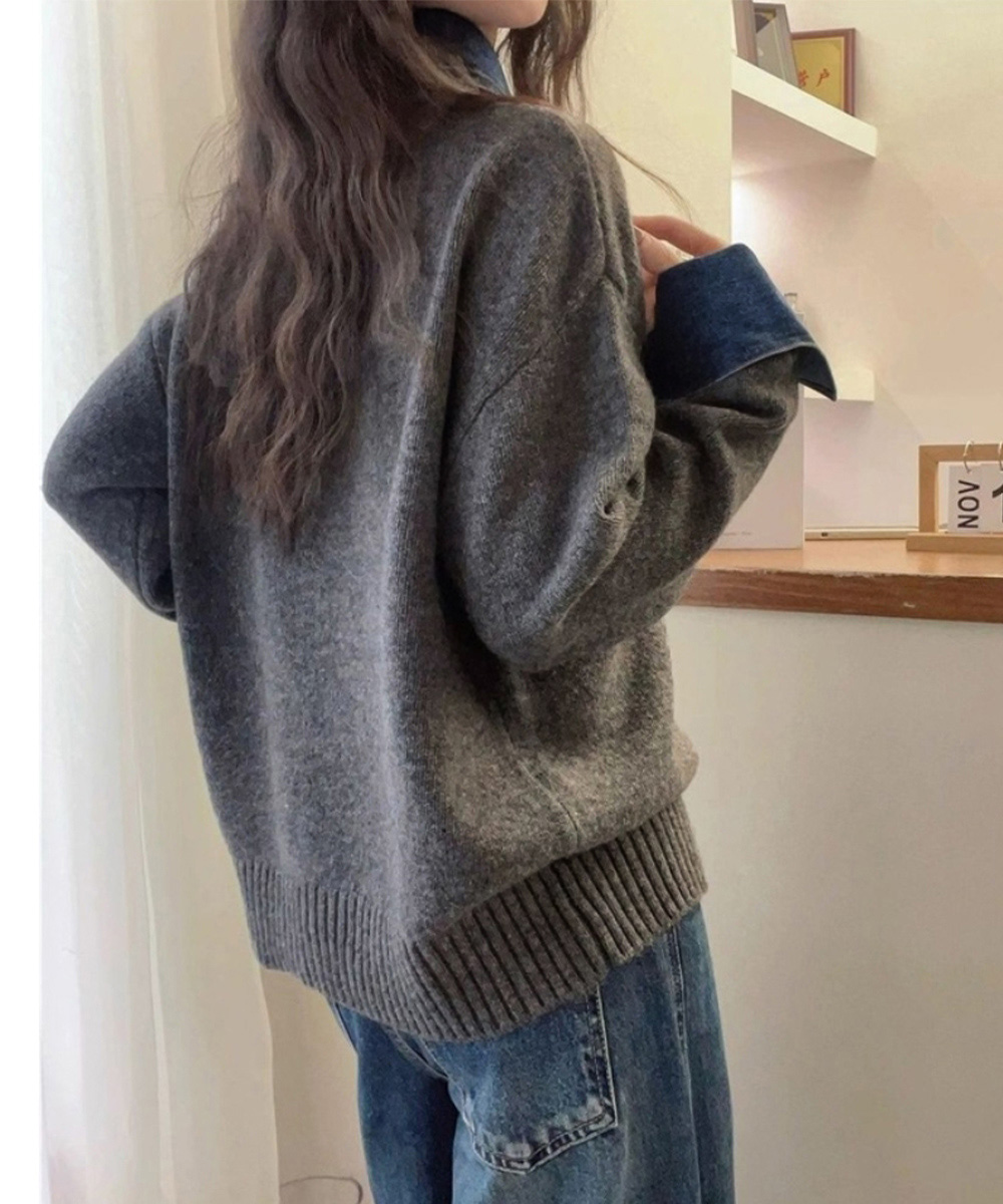 大人かわいい服 デニム切り替えレイヤード風ニットポロ