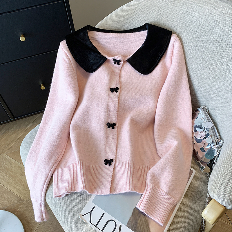 大人かわいい服 ベルベット襟リボンボタンニットカーディガン