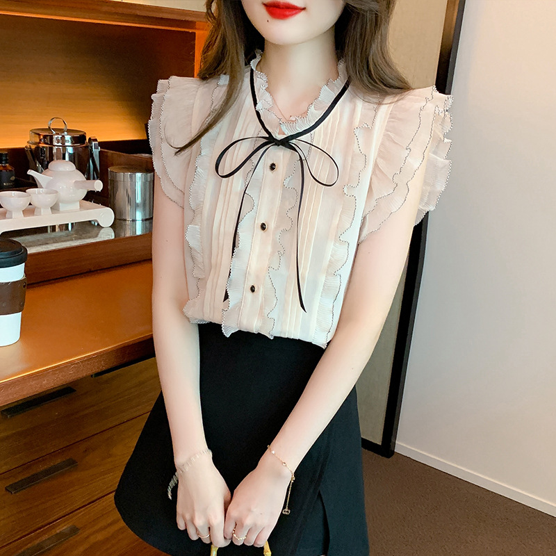 大人かわいい服 フリルリボン シフォンブラウス