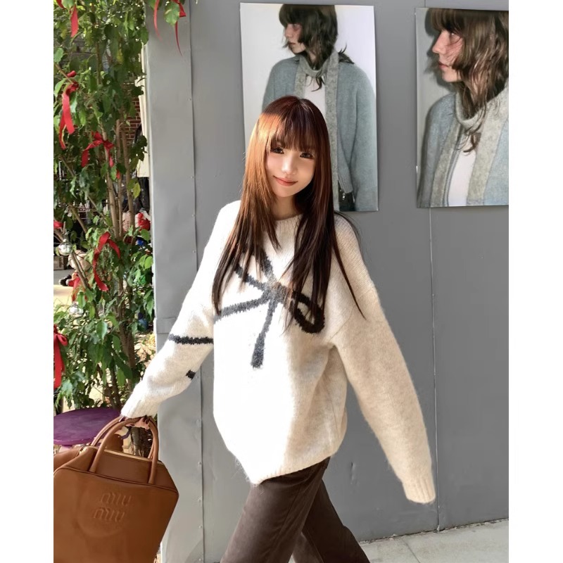 大人かわいい服 リボンデザインモヘア混ゆったりニットセーター