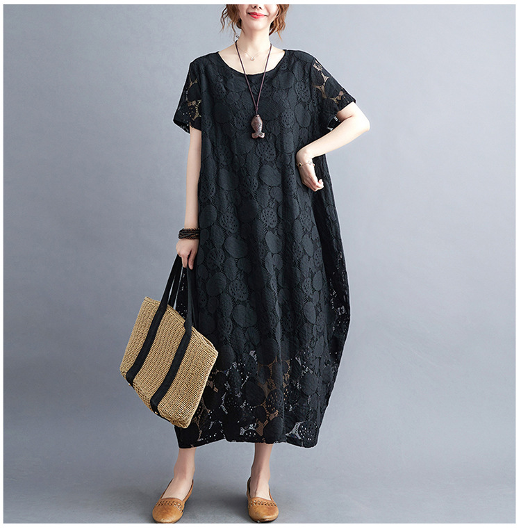 大人かわいい服 花模様レース透かしゆったりワンピース