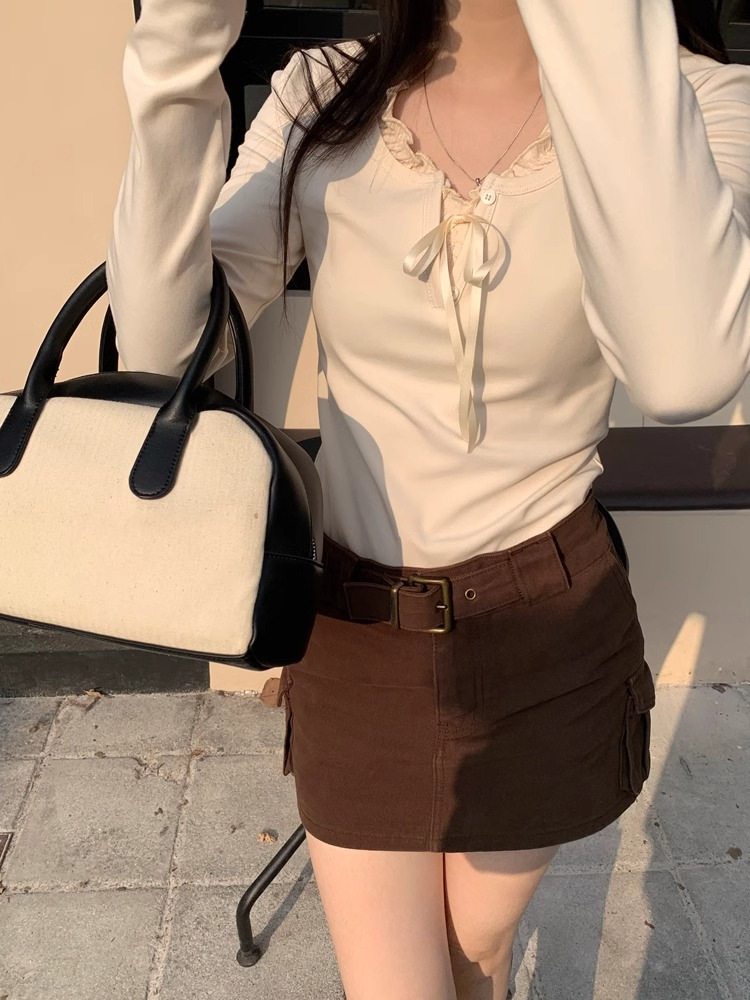 大人かわいい服 フリル襟リボン結び長袖カットソー