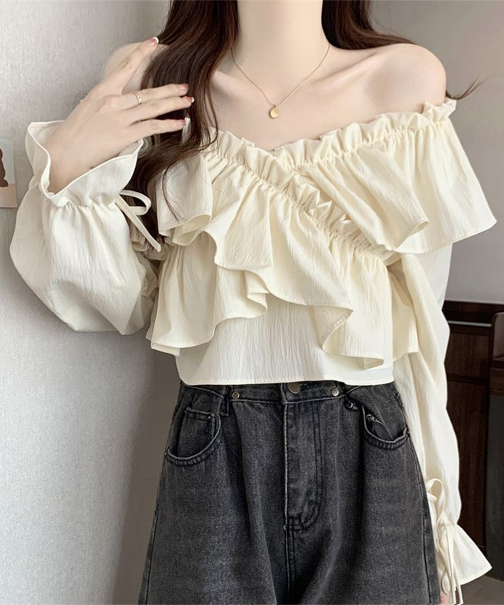 大人かわいい服 華やかフリル 二way長袖トップス オフショルブラウス
