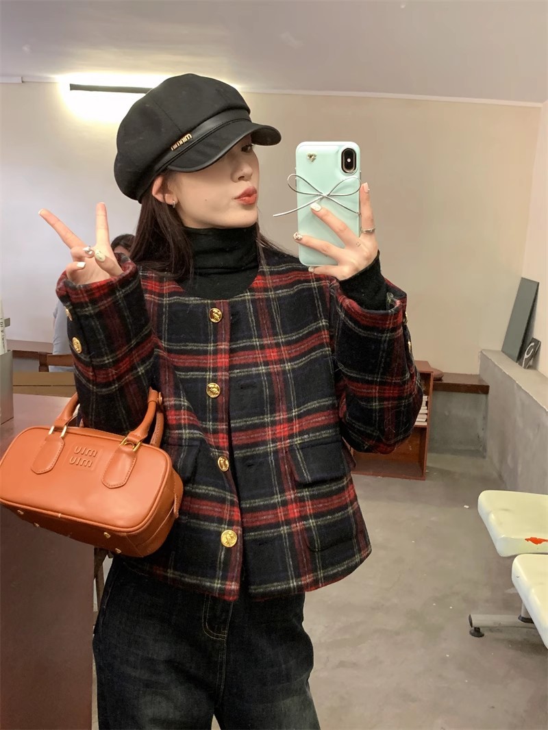 大人かわいい服 クラシックチェック柄ショート丈ジャケット