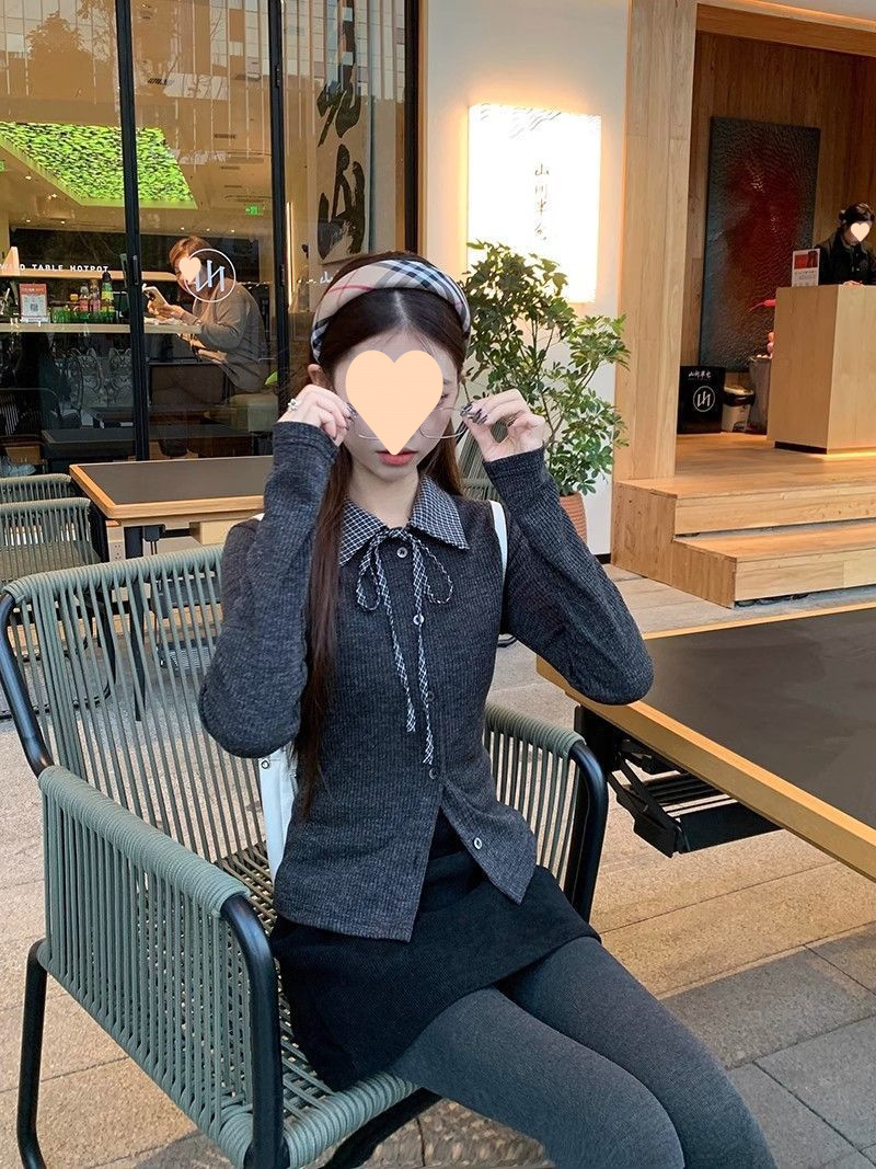 大人かわいい服 チェック柄襟付きリボン結び長袖ニットトップス