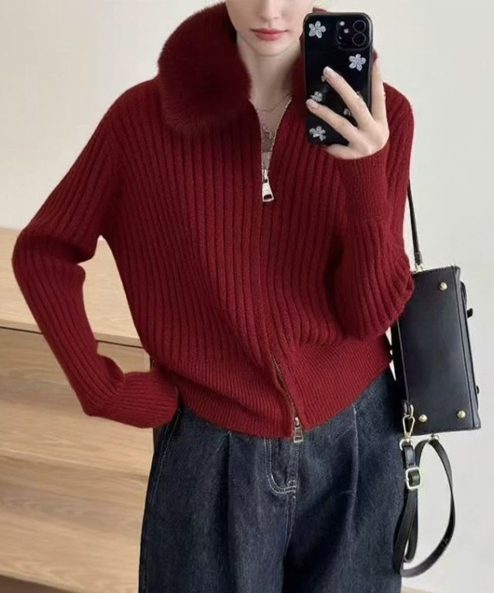 大人かわいい服 ふわふわファー襟リブニットカーディガン