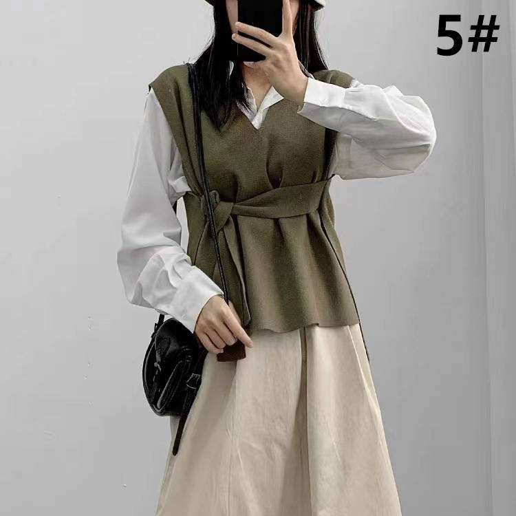 大人かわいい服 秋冬新作ウエストリボンニットベスト上品レディース