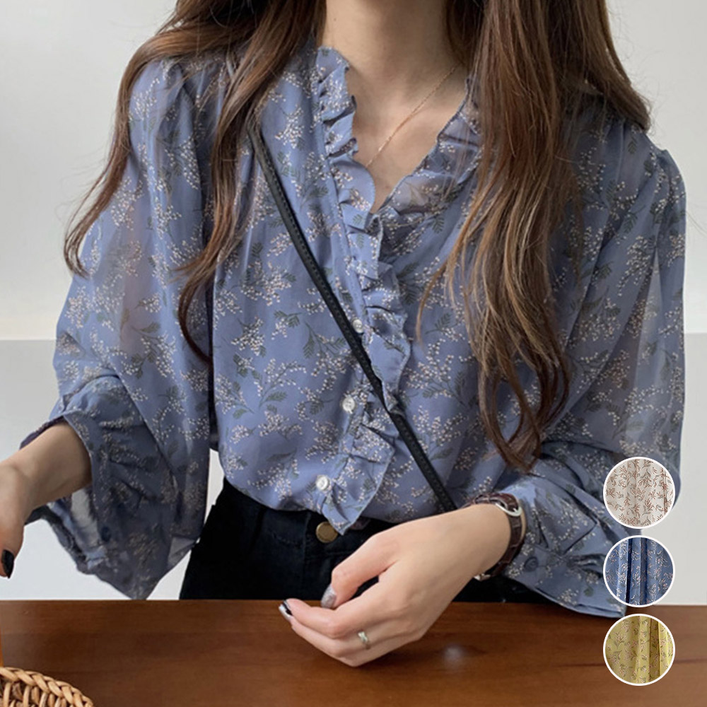 大人かわいい服 上品フリル 花柄シースルートップス