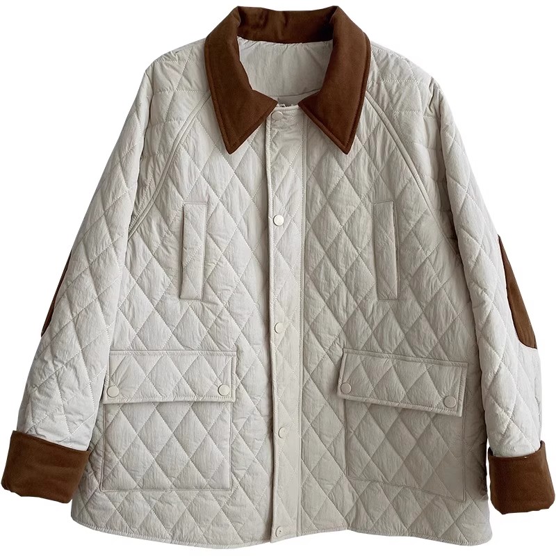 大人かわいい服 配色襟デザインキルティング中綿ジャケット