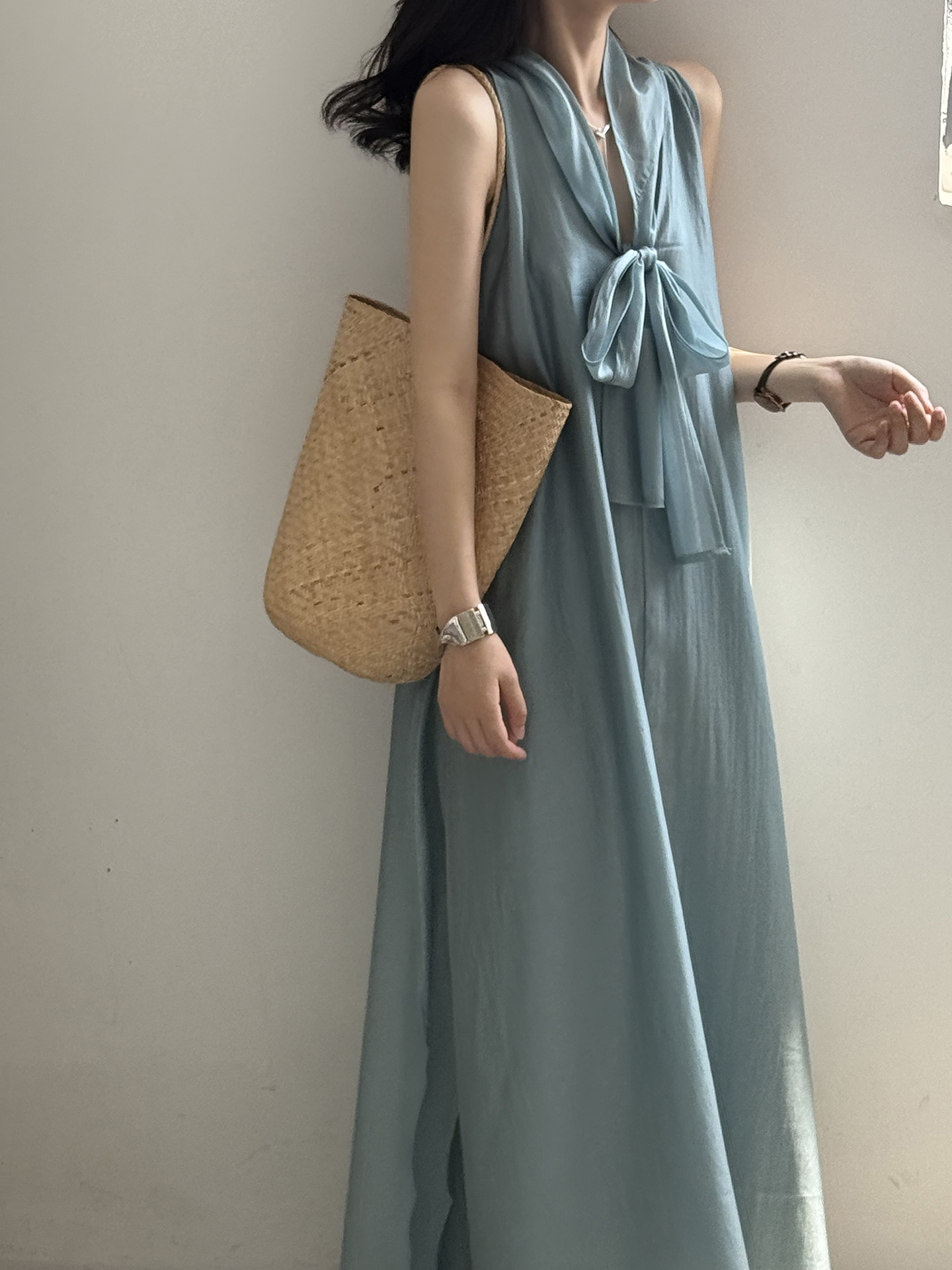 大人かわいい服 風薫る優雅なリボンマキシワンピース