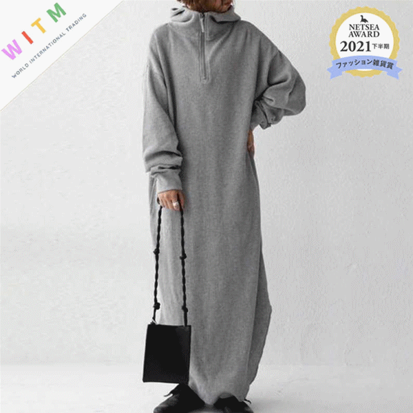 大人かわいい服 ハイネックニットワンピース 厚手ロング丈 体型カバー