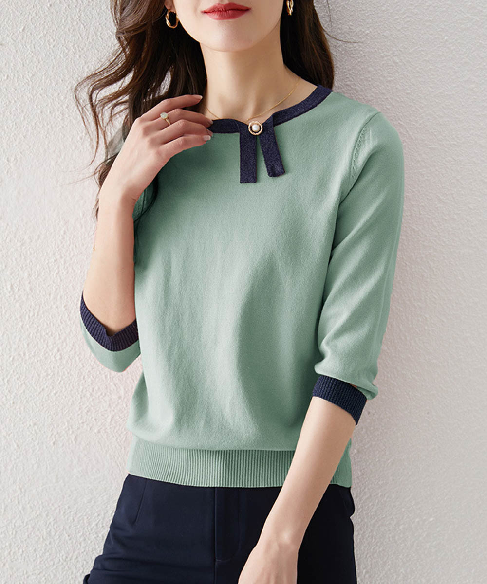 大人かわいい服 レディース七分袖配色リボンニットトップス
