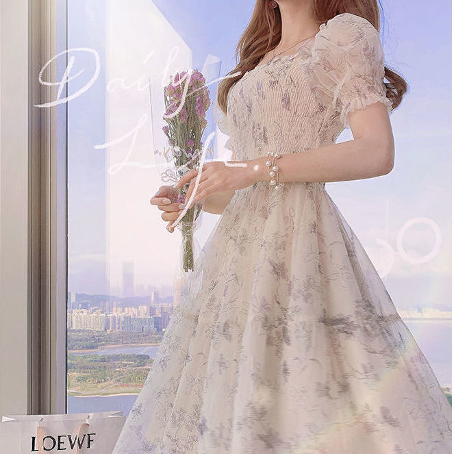 大人かわいい服 花柄刺繍シアーパフスリーブロングワンピース