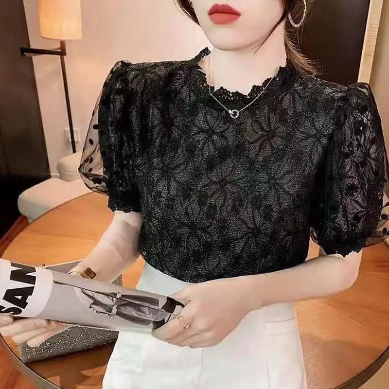 大人かわいい服 花柄レース立ち襟パフスリーブブラウス