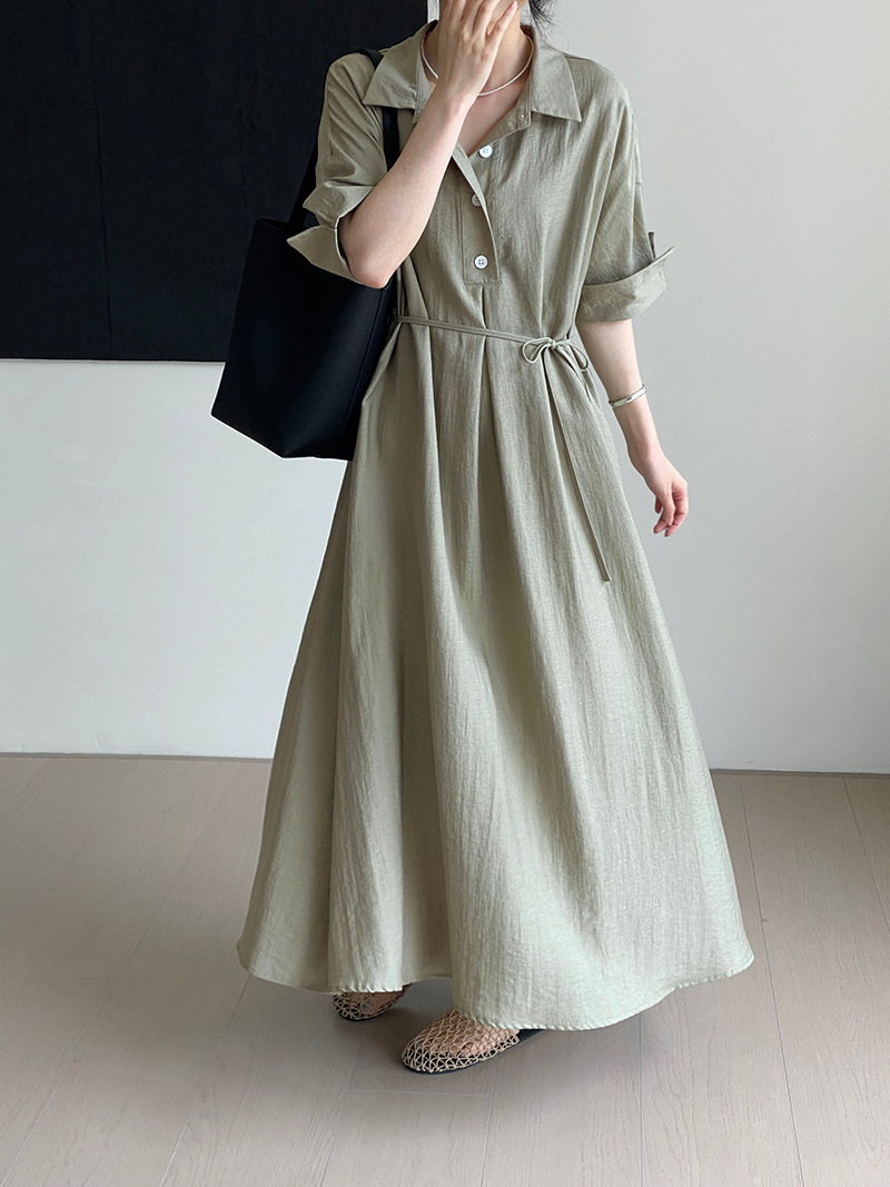 大人かわいい服 麻風合いシャツ襟ロングワンピース