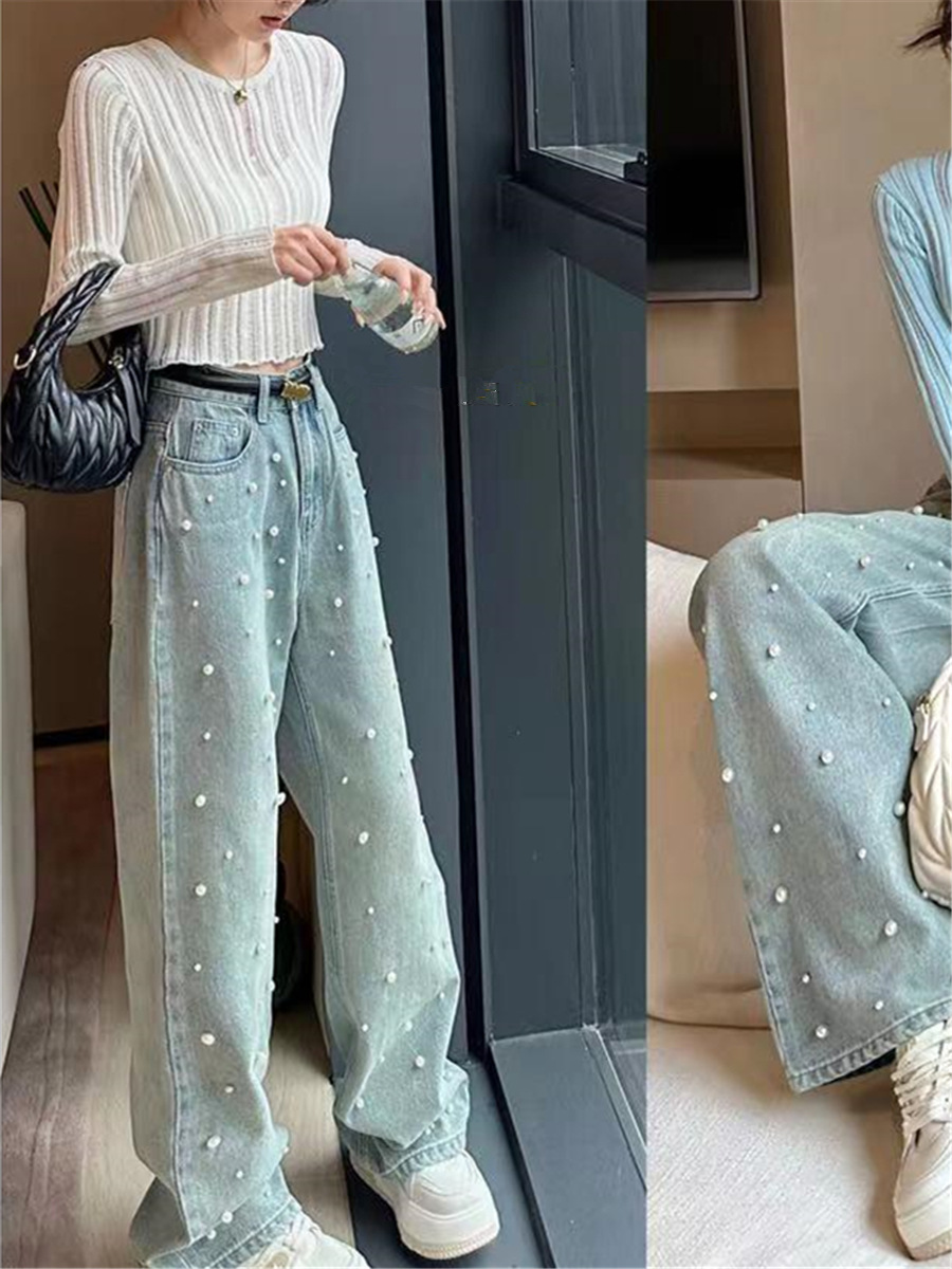 大人かわいい服 パール装飾デニムワイドパンツ