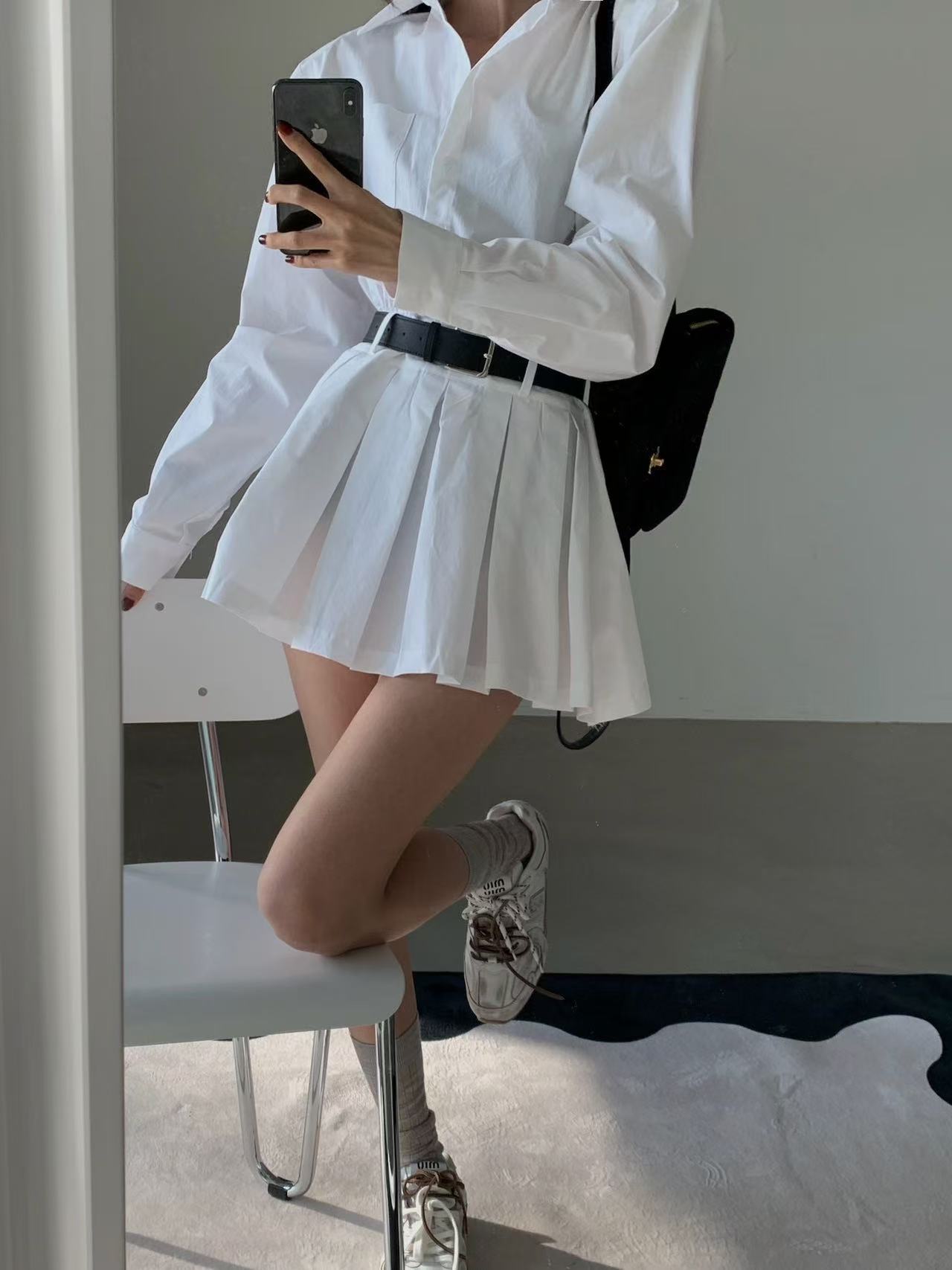 大人かわいい服 ストライプ柄シャツ襟ミニ丈ワンピース