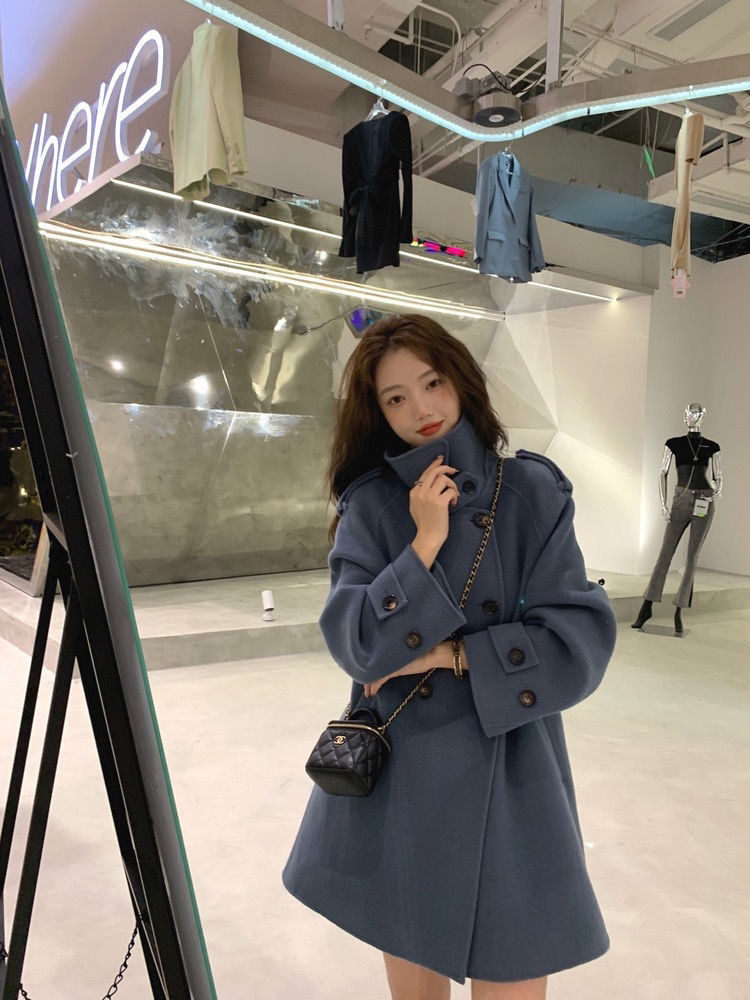 大人かわいい服 ダブルボタンスタンドカラーウールコート