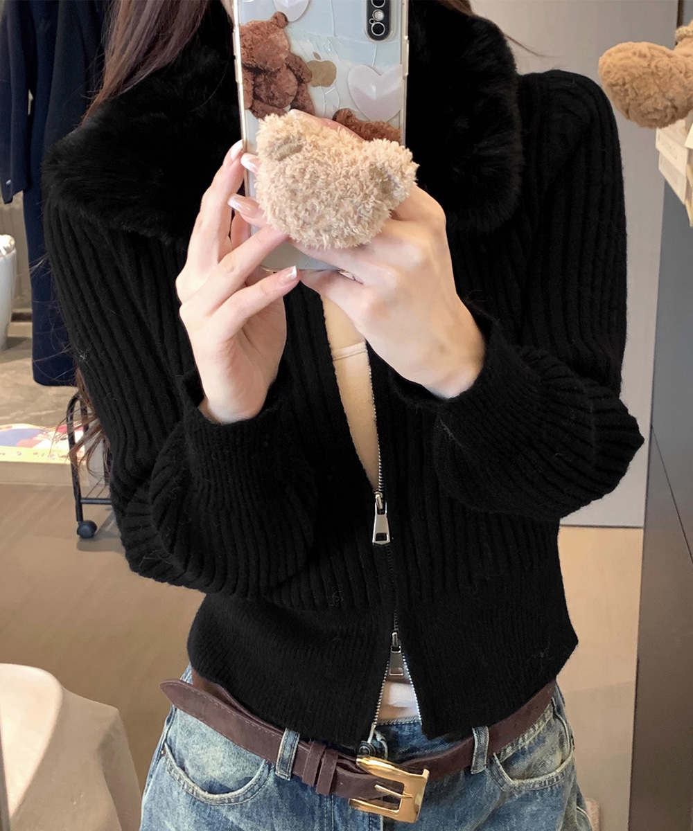 大人かわいい服 ふわふわファー襟リブニットカーディガン