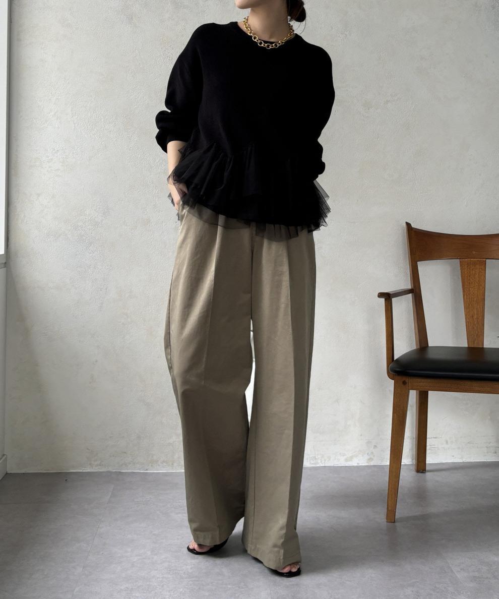大人かわいい服 裾チュールフリル切替ニットプルオーバー